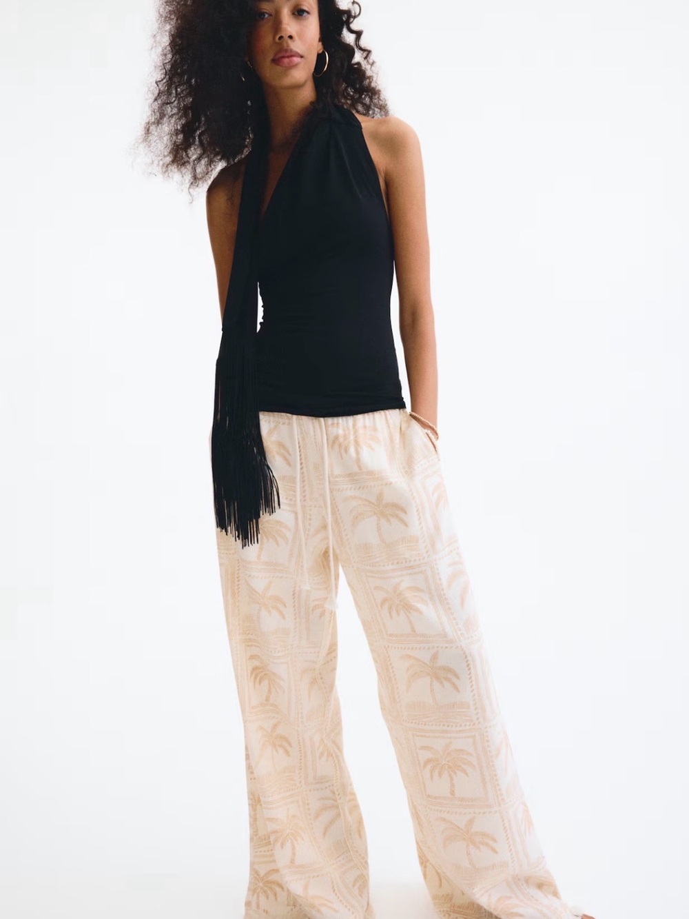 New- tags on! H&M Cream Wide-Leg Palm Print Pants